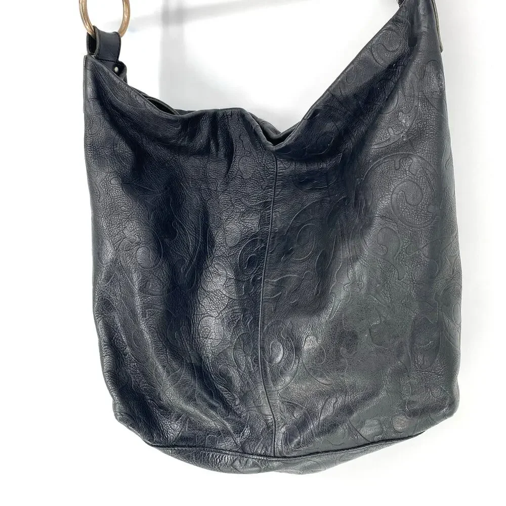 Ellington Black Embossed Leather Hobo Shoulder Bag Slouch Purse Boho Large